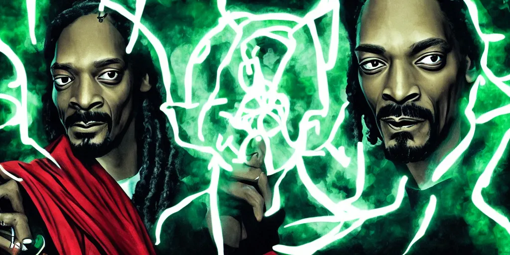 Image similar to snoop dogg doctor strange, smoke weed, marijuana, marijuana leaves, green light, highly detailed, environmental light, cinematic by francis tneh