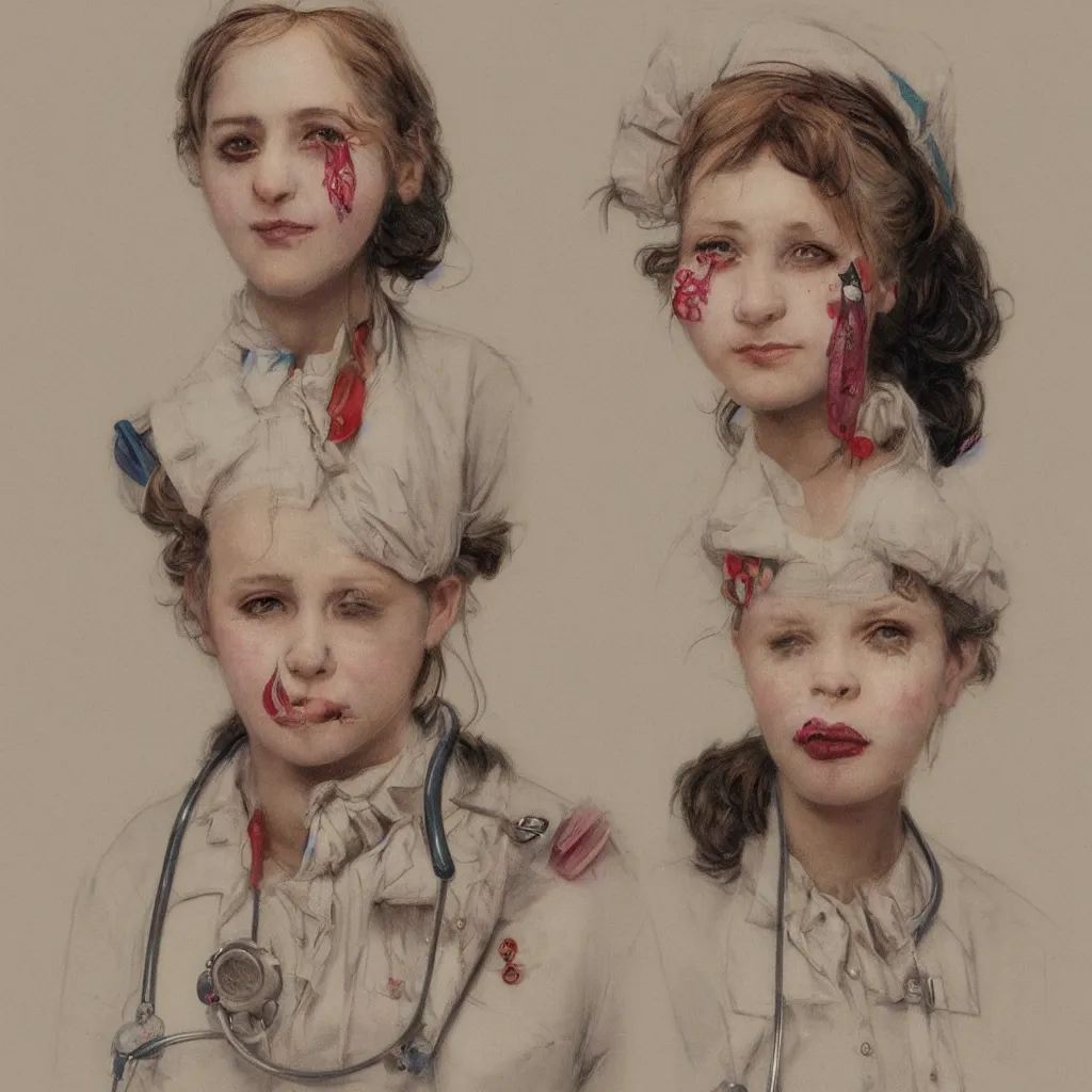 Image similar to clowncore pastel punk young hospital nurse wearing stylish uniform. detailed, portrait, 8 k, artwork by jean - baptiste monge