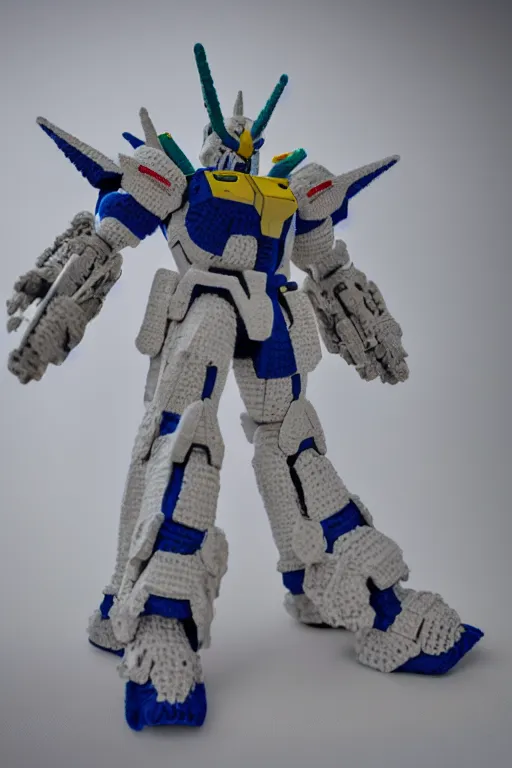 Prompt: a crochet gundam mecha, Sigma 50 mm f/1.4