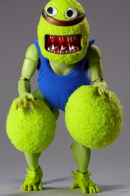 Image similar to 8 k high definition, 1 9 8 0 tennis ball monster kenner style action figure, full body, highly detailed, science fiction, photorealistic