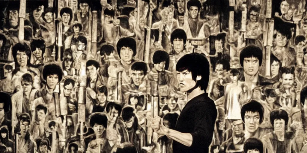 Image similar to bruce lee holding his nunchucks in a hall of mirrors, hyperreal, in the style of enter the dragon