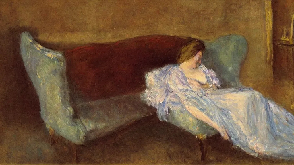 Prompt: a woman resting on a sofa. impressionism.