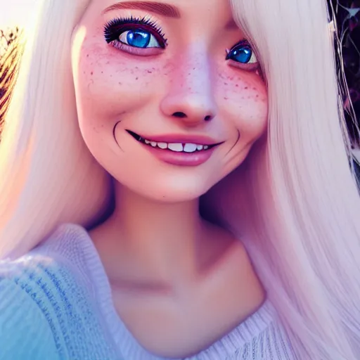 Image similar to beautiful hyperrealism selfie of a cute 3 d anime young woman smiling smugly, long light platinum blonde hair, flushed face, heart - shaped face, cute freckles, light blue eyes, golden hour, 8 k, instagram