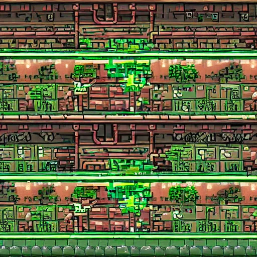 Image similar to hydroponics laboratory in the colony ship travelling to the outer worlds, incredible details :: 2d platformer game screenshot :: plant monster boss fight :: 16 bit pixel art