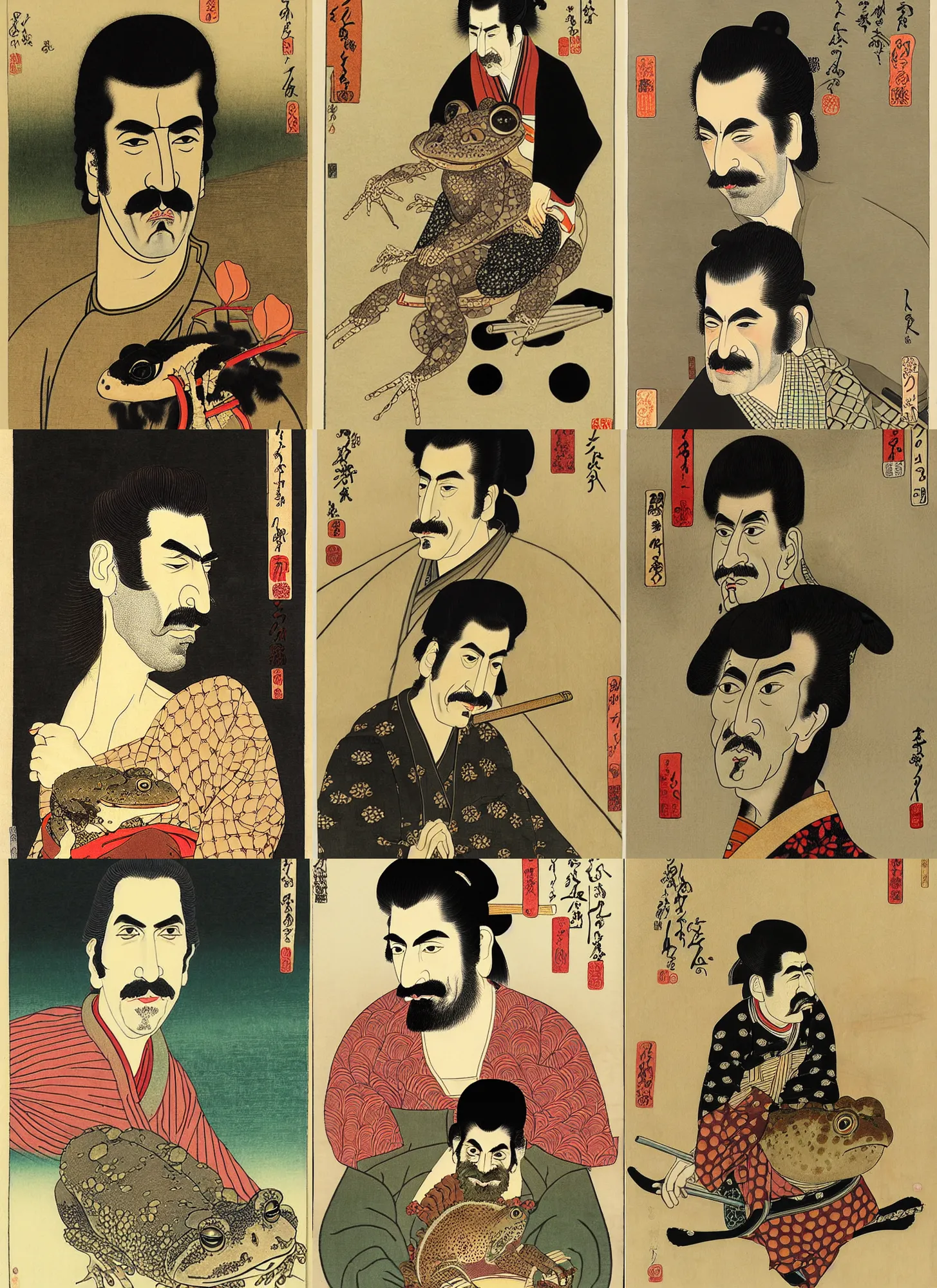 Prompt: a portrait of frank zappa riding on a toad. shin - hanga and utamaro.