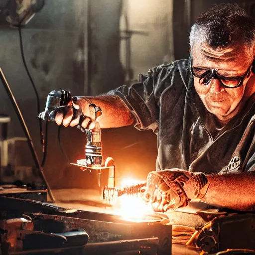 Image similar to half rusted old egg beater half stun - gun, balding older cyborg repairing, red hot soldering iron, dark messy smoke - filled cluttered workshop, dark, dramatic lighting, orange tint, cinematic, highly detailed, sci - fi, futuristic, movie still from blade runner