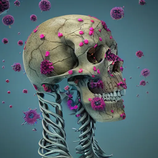 Image similar to a human Skull mutating into flowers, tentacles, unnatural shapes, surrounded by jellyfish tentacles reaching out, coherent human Skull, insects, chaotic octane render, 3d digital art by beeple, unreal engine 5, award winning,