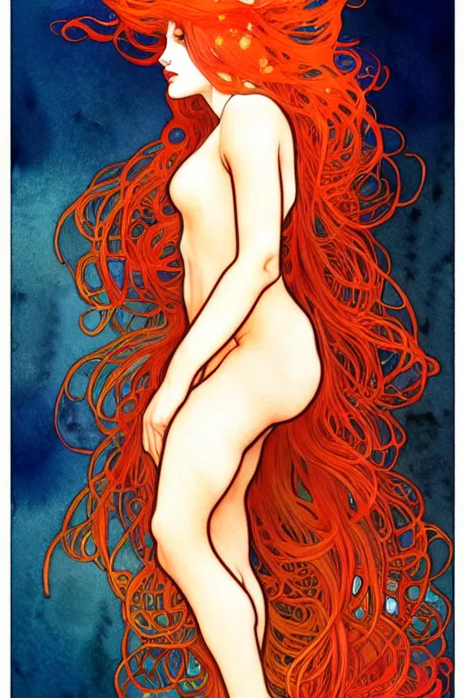 Image similar to watercolor, a red hair female underwater with a crown made of long golden fish!!, intricate, elegant, highly detailed, my rendition, digital painting, trending on artstation, concept art, smooth, sharp focus, illustration, art by alphonse mucha