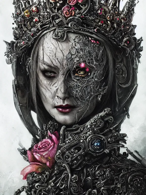 Prompt: art portrait of an undead lich queen, ornate crown, intricate detailed armour ,8k,by tristan eaton,Stanley Artgermm,Tom Bagshaw,Greg Rutkowski,Carne Griffiths, Ayami Kojima, Beksinski, Giger,trending on DeviantArt,face enhance,hyper detailed,minimalist,cybernetic, android, blade runner,full of colour,