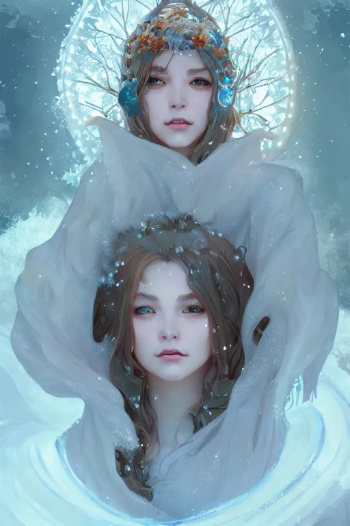 Prompt: beautiful ancient frost witch, eye flames, snow glow, pool party, highly detailed, digital painting, artstation, sharp focus, illustration, art by tan zi and ayanamikodon and alphonse mucha and wlop
