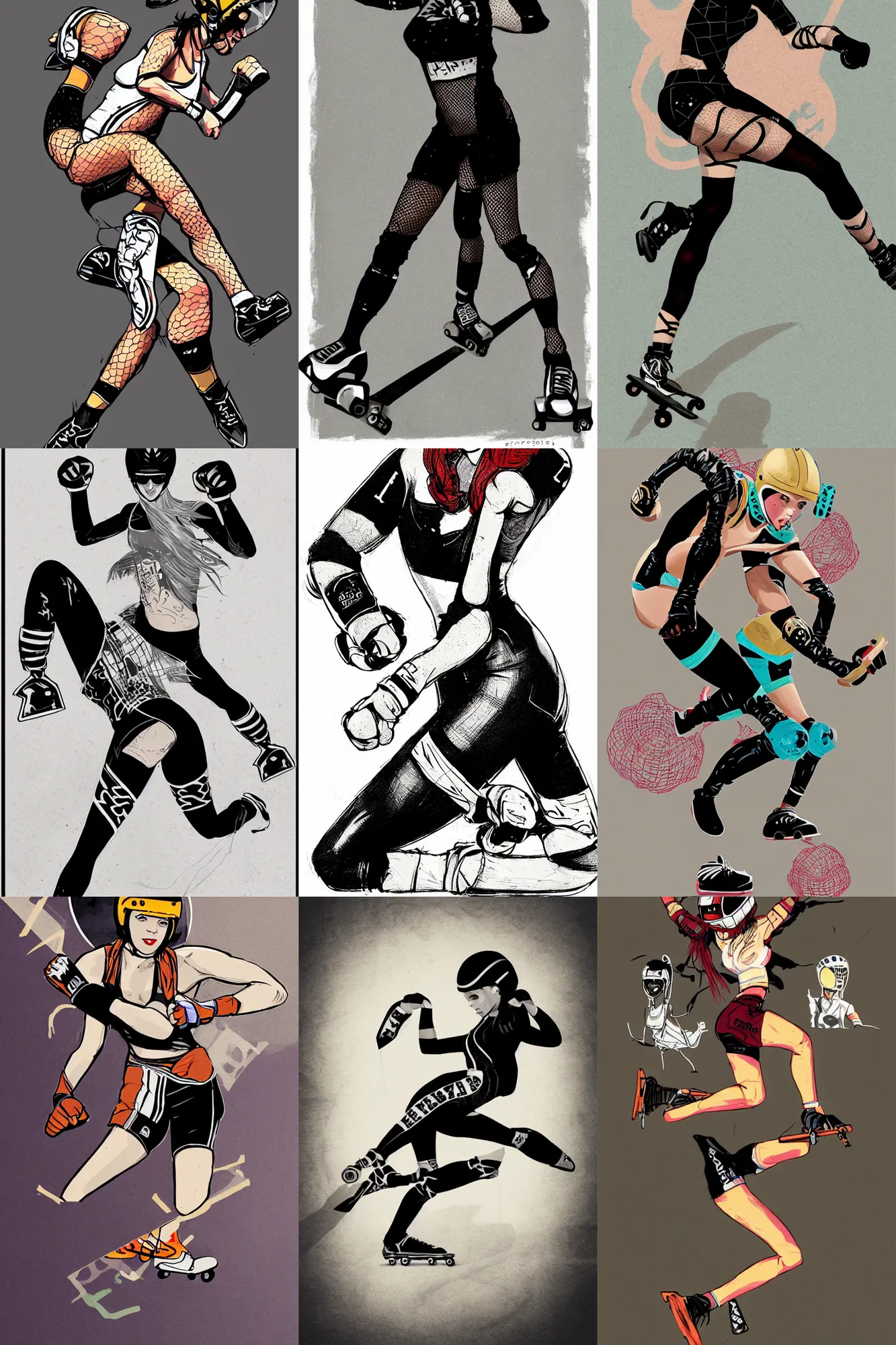 Prompt: logo design, roller derby girl sprinting Cross-Over, wearing skate helmet, knee pads, elbow pads,full length portrait, fishnet tights, torn, ripped, fists in the air, illustration by Eduardo Risso and greg rutkowski