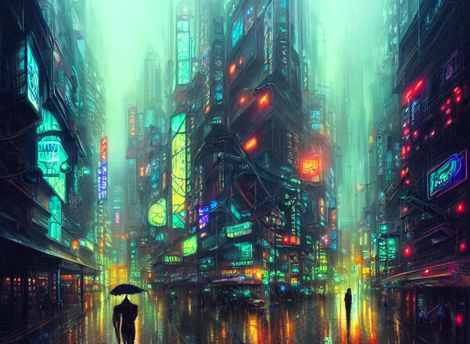 Image similar to rainy night in a cyberpunk city, neon lights, intricate, elegant, highly detailed, centered, digital painting, artstation, concept art, smooth, sharp focus, illustration, artgerm, tomasz alen kopera, peter mohrbacher, donato giancola, joseph christian leyendecker, wlop, boris vallejo