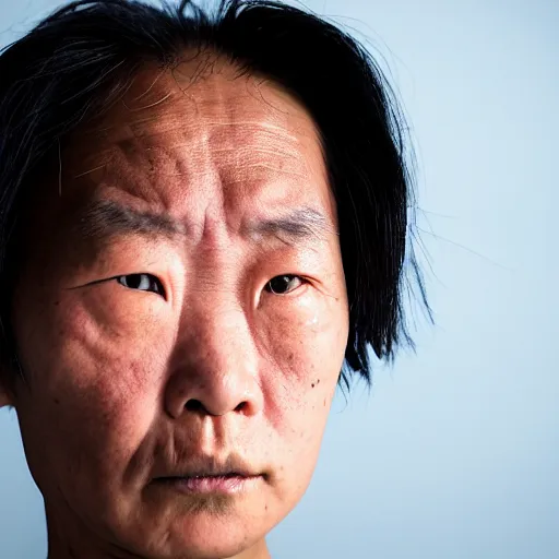 Image similar to a close up photographic portrait of akie kotabe looking worried taken by annie leibowitz. cinematic lighting, blue background colour, 5 0 mm, subsurface scatter.