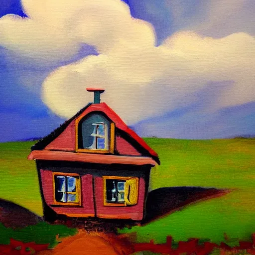 Prompt: a painting of a little house in the clouds