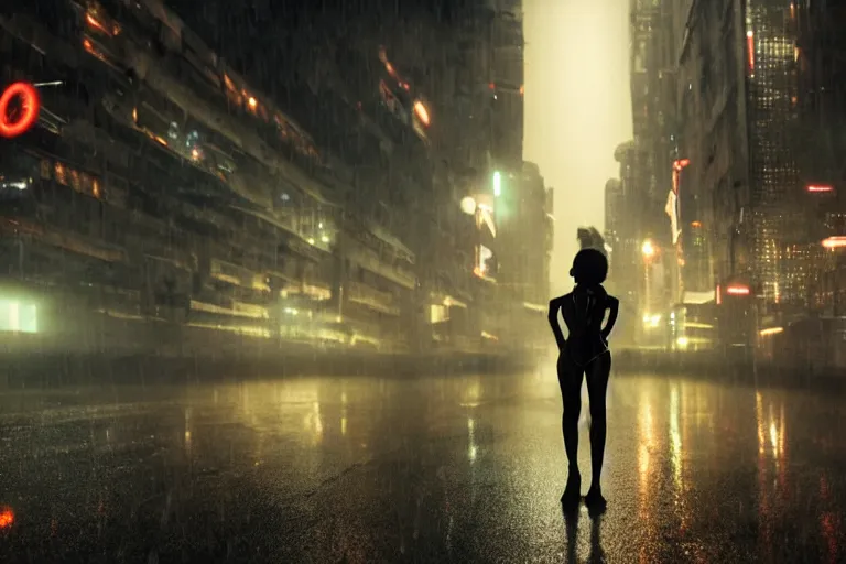 Image similar to vfx cyberpunk beautiful black woman photo real, sci-fi city street night lighting, rain and fog by Emmanuel Lubezki