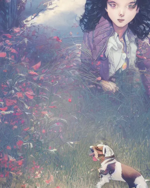 Prompt: a girl walking her small dog at the park, full shot, visible face, ambient lighting, detailed, art by ayami kojima, makoto shinkai, kilian eng