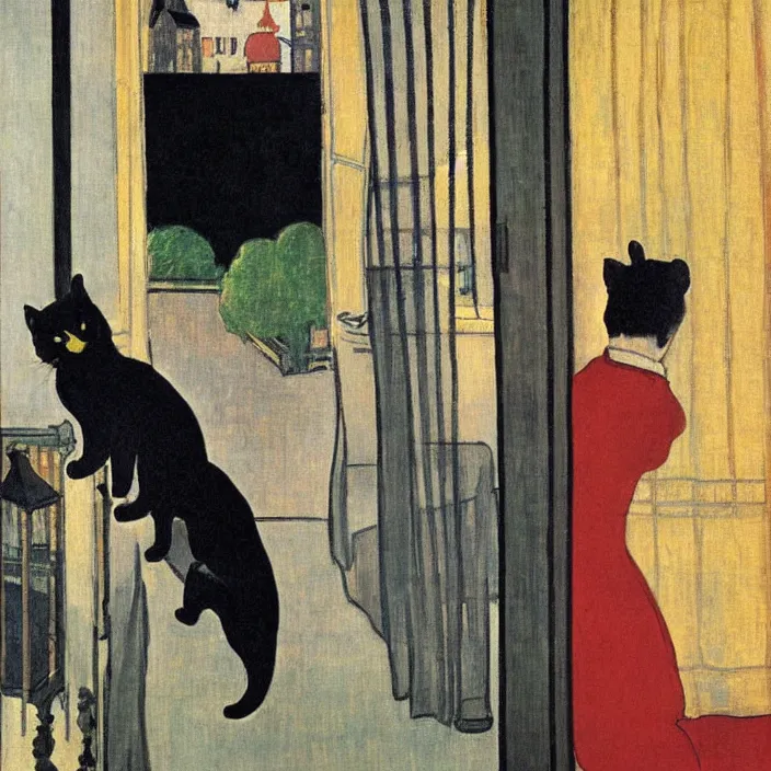 Prompt: couple under a baldachin with city seen from a window frame. fuzzy black cat. henri de toulouse - lautrec, utamaro, matisse, felix vallotton, rene magritte