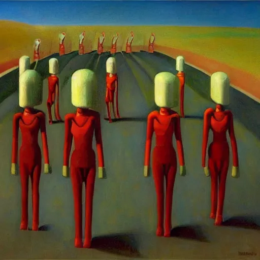 Prompt: robot druids in a grand processional, grant wood, pj crook, edward hopper, oil on canvas