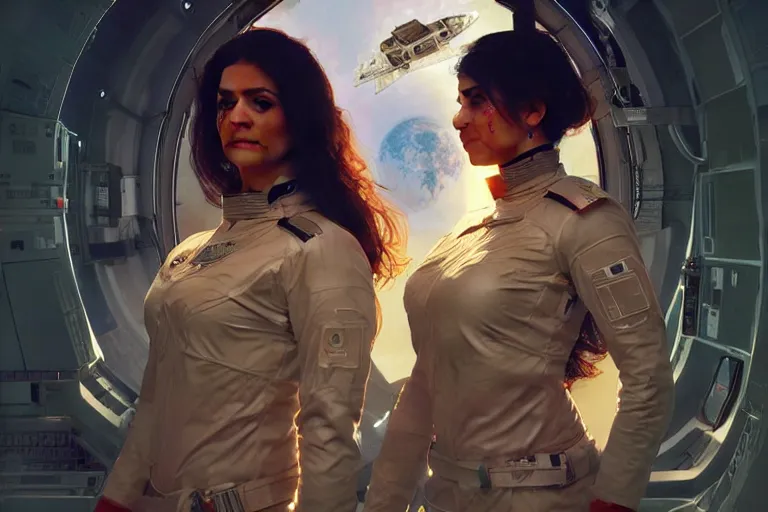 Image similar to Sensual beautiful female pale young Indian doctors wearing Deus Ex Human Revolution clothing in a space station above Earth, portrait, elegant, intricate, digital painting, artstation, concept art, smooth, sharp focus, illustration, art by artgerm and greg rutkowski and alphonse mucha