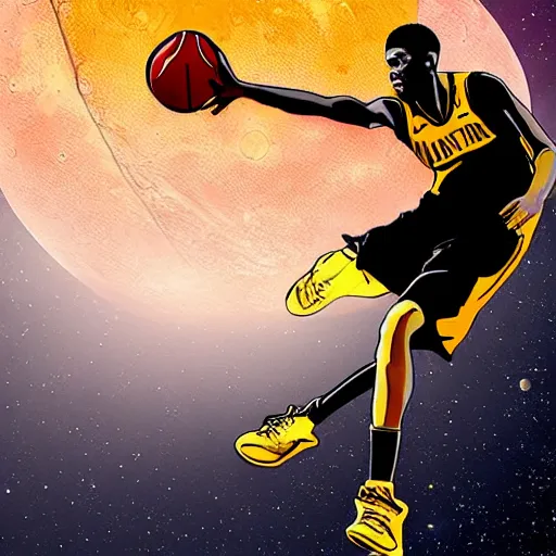 Prompt: a basketball player dunking the moon