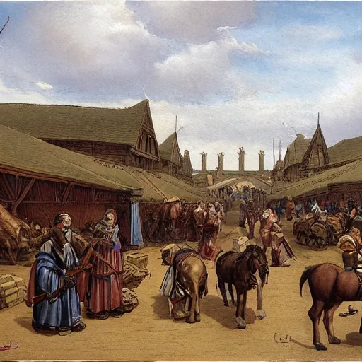 Image similar to a medieval horse market, by john howe