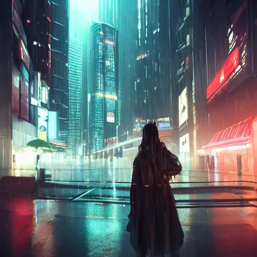 Prompt: city of the future, many skyscrapers, blade runner style, hyper - realistic, octane render, realistic, real, street, rain, young girl with sword wearing skirt and clear raincoat with long hair, cinematic, 8 k, very intricate, 8 0's, night, game, anime