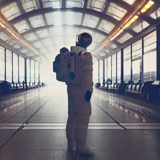 Image similar to a beautiful photo of an astronaut waiting in a train station, 1970', soft light, morning light, photorealistic, realistic, octane, 8k, cinematic shot