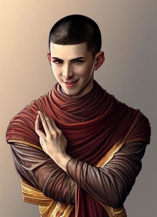 Image similar to portrait of a male monk, looking at camera, D&D, leather armor, very short buzzcut hair, intricate, elegant, stylish, cute smile, fantasy, extremely detailed, digital painting, artstation, concept art, smooth, sharp focus, illustration, ambient lighting, art by artgerm and greg rutkowski and alphonse mucha and simon stalenhag