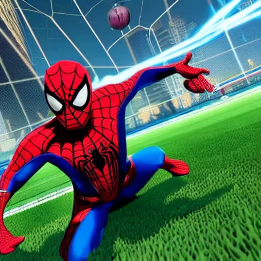 Prompt: spiderman in rocket league, teaser trailer photo