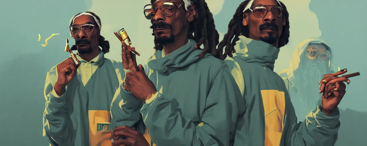 Prompt: duotone olive illustration 3 / 4 portrait of snoop dogg smoking joints with gandalf and elon musk composition accidental renaissance golden ratio. by sachin teng and sergey kolesov and ruan jia and heng z. graffiti art, scifi, fantasy, hyper detailed. octane render. concept art. trending on artstation