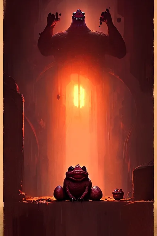 Image similar to greg rutkowski poster. toad golem