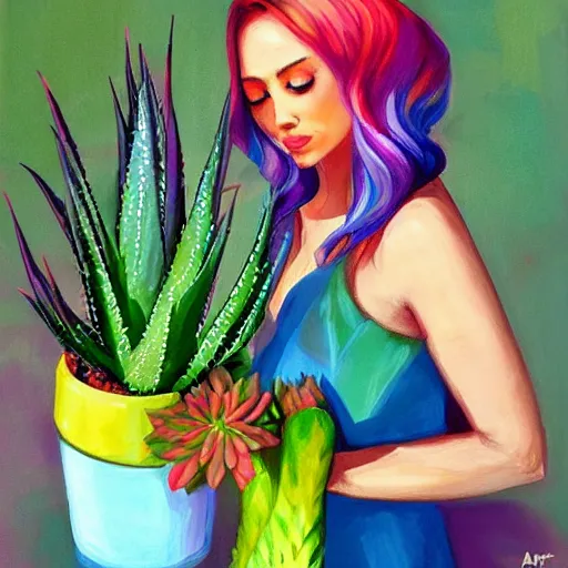 Image similar to painting by Artgerm of a beautiful woman with shoulder length rainbow hair in a coral dress putting colorful South African bitter aloe succulents into rainbow pots at a round table