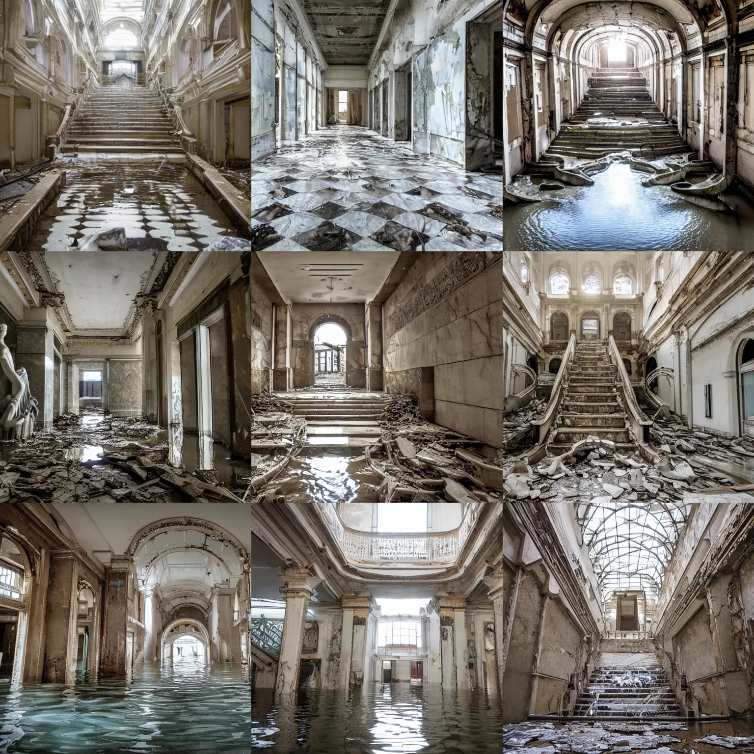 Prompt: photo of flooded infinite classic halls with many huge marble staircases sculptures decrepit derelict abandoned piranessi