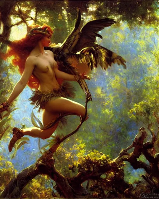 Image similar to griffon emerges from the enchanted forest, painting by gaston bussiere, craig mullins, j. c. leyendecker