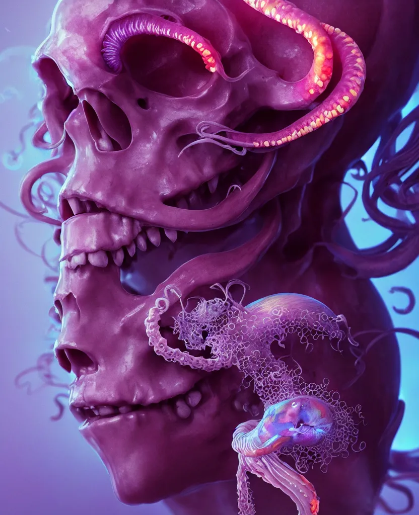 Image similar to goddess close - up portrait human skull, ram skull, squid phoenix jellyfish, orchid, betta fish, bioluminiscent, intricate artwork by tooth wu and wlop and beeple. octane render, trending on artstation, greg rutkowski very coherent symmetrical artwork. cinematic, hyper realism, high detail, octane render, 8 k