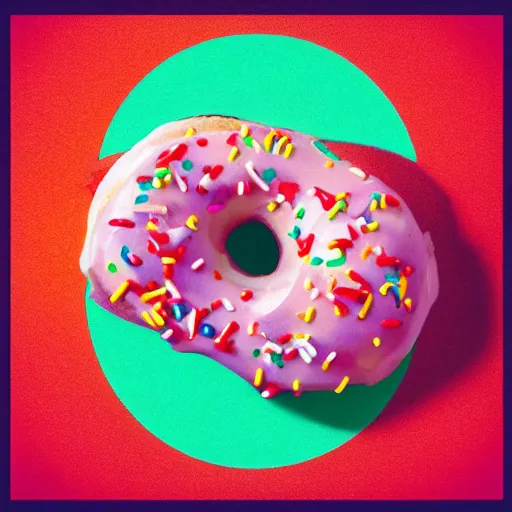 Image similar to strawberry frosted donut with sprinkles, pop art, album cover, shadow,