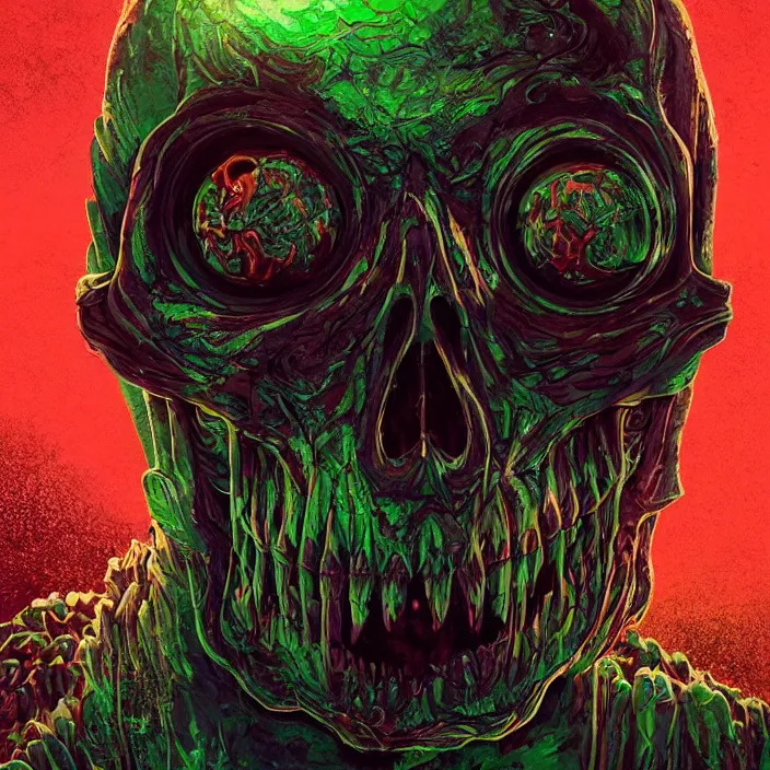 Image similar to portrait of a radioactive skull. razor sharp teeth. infected with zombie fungus. intricate abstract. intricate artwork. nightmare fuel. by Tooth Wu, wlop, beeple, dan mumford. octane render, trending on artstation, greg rutkowski very coherent symmetrical artwork. cinematic, hyper realism, high detail, octane render, 8k, iridescent accents