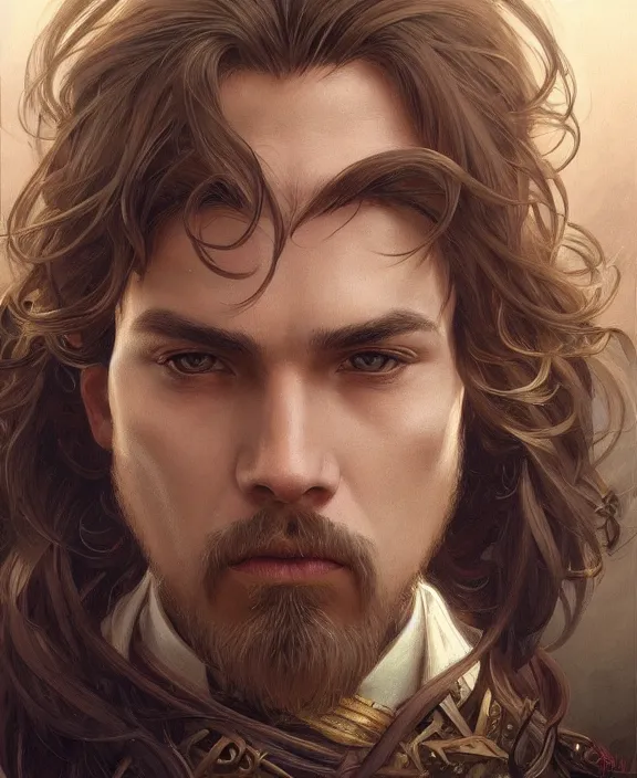 Prompt: portrait close up of guy, concentrated look, symmetry, long hair. d & d, fantasy, intricate, elegant, highly detailed, digital painting, artstation, concept art, art by artgerm and greg rutkowski and alphonse mucha, boris vallejo
