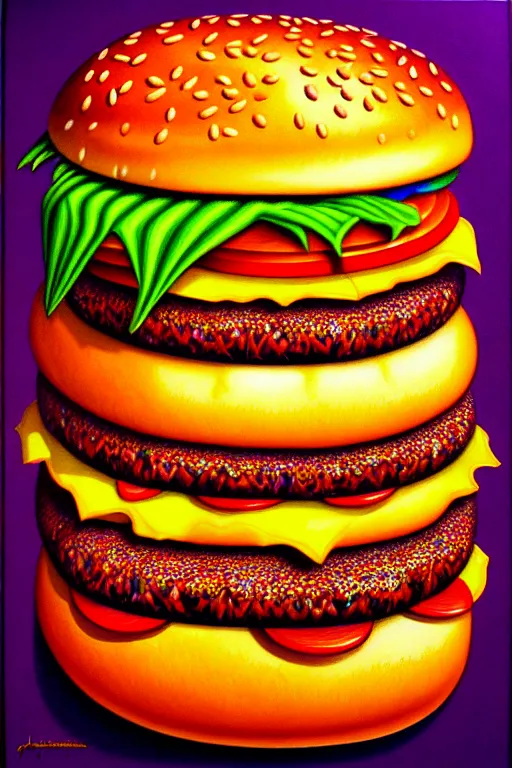 Prompt: a photorealistic painting of an isometric hamburger monster by johfra bosschart, lisa frank, dark fantasy art, high detail, trending on artstation