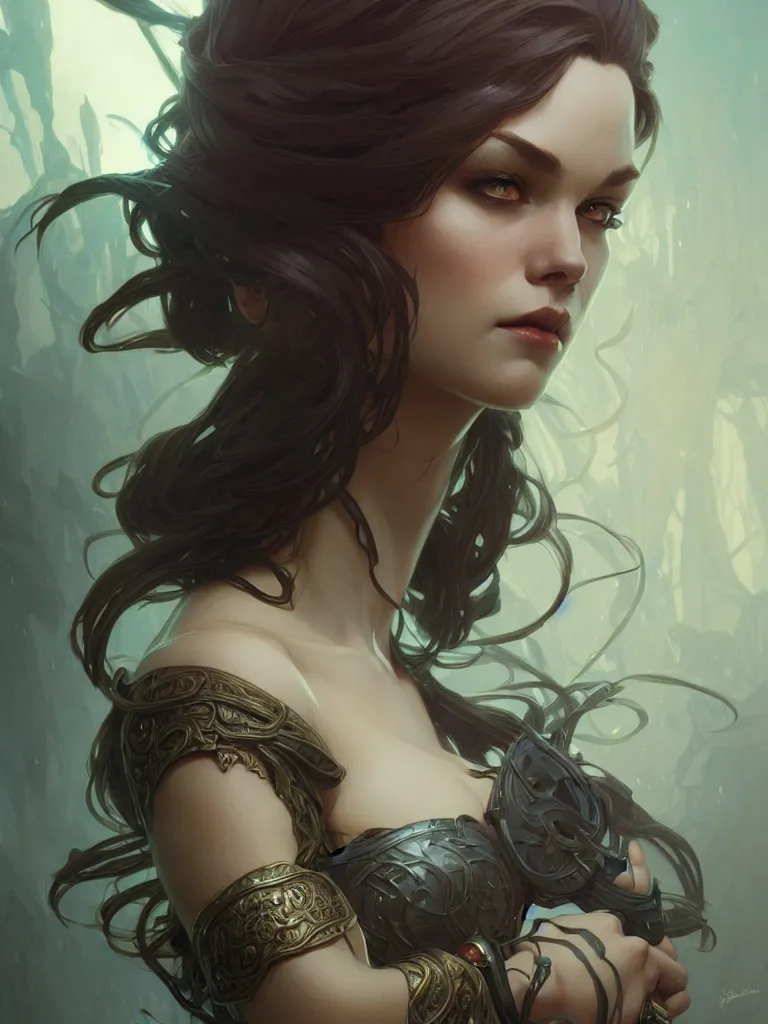 Prompt: Rogue, closeup, D&D, fantasy, intricate, elegant, highly detailed, digital painting, artstation, concept art, matte, sharp focus, illustration, art by Artgerm and Greg Rutkowski and Alphonse Mucha