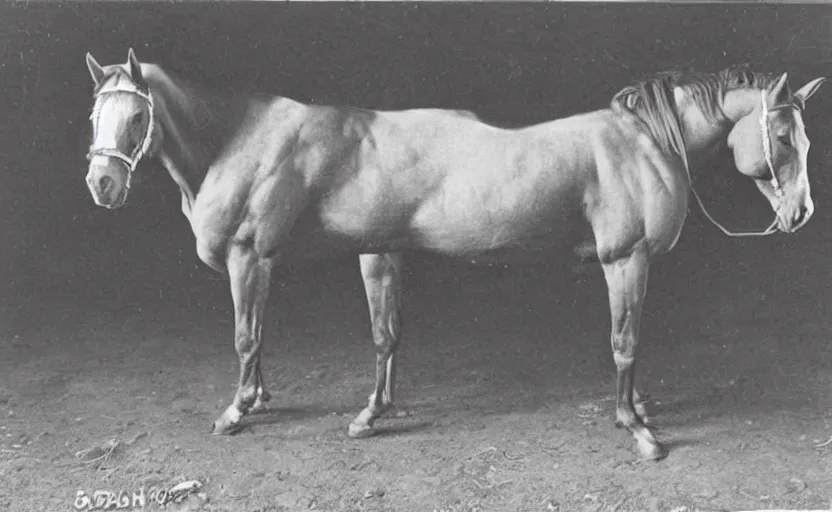 Prompt: strong horse with big muscles. bodybuilder, strong, 1 9 0 0 s