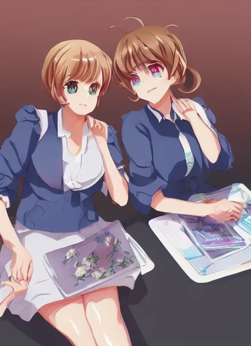 Image similar to two beautiful mothers sitting across from each other, summer clothes, gorgeous faces, thick lines, cinematic lighting, detailed anime art