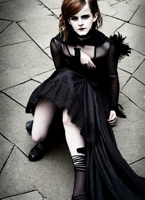 Image similar to Emma Watson for Victorian Secret as goth, squatting pose, full length shot, extremely detailed, XF IQ4, 50MP, 50mm, f/1.4, ISO 200, 1/160s, natural light, Adobe Lightroom, rule of thirds, symmetrical balance, depth layering, polarizing filter, Sense of Depth