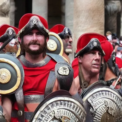 Prompt: roman legions invading the capitole, wearing maga hats ( 2 0 2 1 )