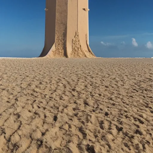 Prompt: a tower of sand on the beach that's taller than the people around it