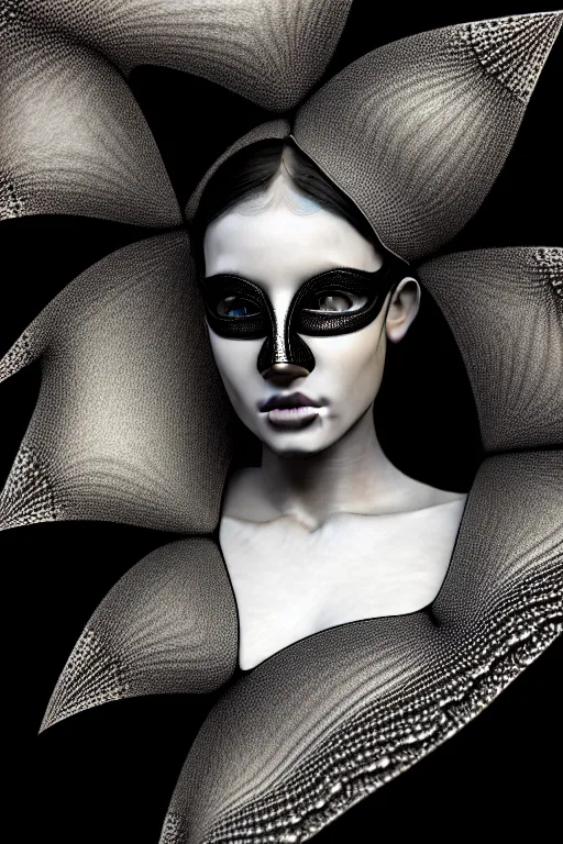 Prompt: portrait of a young beautiful woman with a mask. contemporary photograph, speed painting, fractal, mandelbulb. black and white, black on black. intricate, elegant, super highly detailed, professional digital painting, concept art, smooth, sharp focus, no blur, no dof, extreme illustration, Unreal Engine 5, Photorealism, HD quality, 8k resolution, 3D, beautiful, cinematic, art