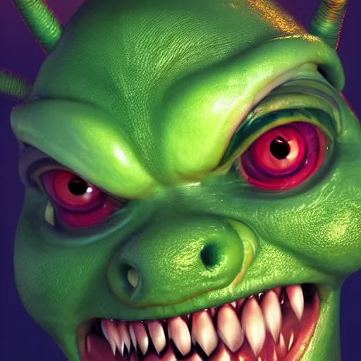 Prompt: Mike Wazowski evolved into a more hideous looking monster, red eyes, green skin, sinister facial expression, genetic mutation, hyperrealism, trending on artstation, 8k