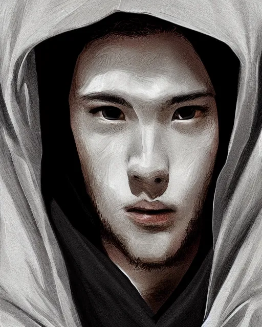 Image similar to digital art portrait of a young man in dark robes, hooded, made by WLOP, WLOP