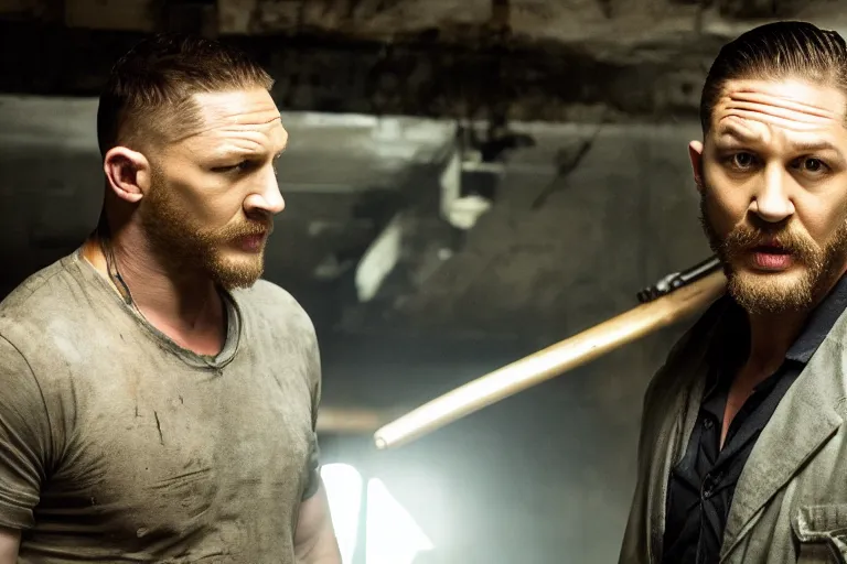 Image similar to film still of Tom Hardy as Max Payne in a body shop garage holding a baseball bat in the Max Payne movie, 4k