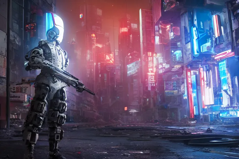 Image similar to 3d render of a detailed cyberpunk soldier with full-head helmet carrying a sci-fi futuristic energy rifle with glowing particles in his arms, standing in front of a dilapidated advanced cyberpunk city at night, lit up by the streetlights and electronic billboards, 4k, Unreal Engine, octane render
